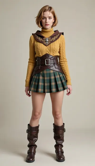 * The character has a short, honey-blonde bob haircut with a side-swept fringe.

Her outfit consists of, A mustard-yellow cable-knit turtleneck sweater vest over a lighter top.

A decorative brown collar or hood piece with intricate floral or filigree embroidery worn around the neck and shoulders.

A wide, dark brown leather belt with a simple silver buckle, worn low on the hips over the skirt.

A green plaid pleated miniskirt.

A pair of distinctive, slouchy brown leather gaiters or boot covers with buckles at the top and bottom, worn over dark shoes.