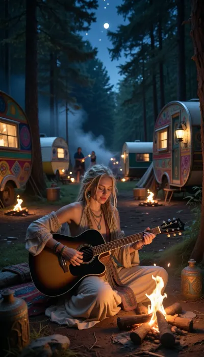 Masterpiece, best quality, highly detailed, a vast bohemian gypsy camp in a dark forest clearing at night, in the center, a blonde dreadlocked bohemian woman, serene smile, delicate dimples, sits at the forefront, playing an acoustic guitar by a small campfire, her slender fingers pressing the strings, each fingernail finely detailed, she wears a flowing bohemian dress, and the warm glow of the fire dances on her skin, behind her, a kaleidoscope of vintage gypsy wagons, each wagon uniquely decorated with vibrant colors and lanterns, some wagons have small campfires outside, the forest thick with tall trees surrounding the scene, mist rising between them, the entire clearing filled with other smaller campfires, distant laughter and music softly blending into the night, a soft haze in the air, stars peeking through the tree canopy, the entire atmosphere relaxed, magical, and deeply atmospheric, a masterpiece capturing the spirit of a wandering nomadic life.