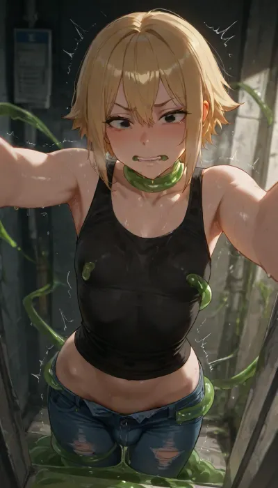 BNHA, (MHA), Hero Prodigy gets a Femboy System. Nao Ichijo, Feminine face, Feminine shoulders, flat chest, Petite arms, Slender legs, Round ass, wearing torn up damaged dirty black shirt with blue jeans with visible penis bulge, His short blonde hair so pale it shimmered near silver and his face both sharp and delicate with Black eyes gleamed beneath furrowed brows and His slender frame petite, with just a hint of muscle—strained against the black shirt and slacks clinging to his sweat-damp skin. Nao Ichijo staggered toward a flickering bus stop. The mutant Slimeball grabbed Nao's neck, slamming him against the alley wall with a grunt. The air rushed from his lungs as cold, slimy green tendrils slithered over his skin, tearing his clothes off in seconds. The slick, gelatinous touch was invasive, crawling under his flesh, chilling and arousing in equal measure. Nao's body twitched, betraying him with a shiver of unwanted pleasure.

"Stop! What the fuck—" His protest was cut off as a thick wad of green slime forced its way into his mouth, gagging him. His eyes watered, tears spilling down his flushed cheeks as he thrashed against the bindings. The green slime crept lower, probing his exposed ass, pressing against his tight asshole. Panic surged, but his struggles only made the tendrils tighten, their slick surface gliding effortlessly.