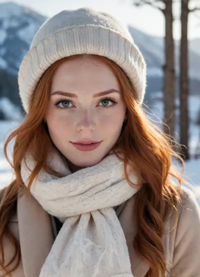 masterpiece, best quality, ultra detailed, photorealistic, 8k raw photo, beautiful 25 year old skinny redhead woman, very long cascading wavy red hair, pale white skin with light freckles, heavy eyeliner makeup, shy seductive smile, perfect face, large natural breasts, perky nipples, topless, wearing an open winter coat, chapka hat and scarf, standing in deep snow, pov shot, snowy Russian mountains in background, cold winter day, soft golden hour sunlight with strong backlighting, orange and golden shadows, high contrast lighting, detailed skin texture, visible cold blush on cheeks, snowflakes in hair, realistic snow and cold atmosphere, cinematic composition, depth of field