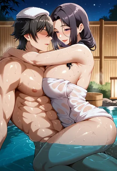 score_9, score_8_up, score_7_up, original, sayuri, highres, (Tsuma_no_Haha_Sayuri_art_style:1.5), 1boy, 1girl, bamboo_fence, black_hair, breasts, bucket, curtained_hair, faceless, faceless_male, fence, girl_on_top, hetero, in_water, large_breasts, lips, mature_female, (medium_hair), mole, mole_under_mouth, muscular_male, naked_towel, night, onsen, open_mouth, partially_submerged, purple_eyes, sex, sitting, smile, steam, straddling, straight_hair, thighs, towel, towel_on_head, upright_straddle, vaginal, water, wet, wooden_bucket