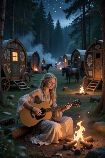 A masterpiece, best quality, highly detailed, a vast bohemian gypsy camp in a dark forest clearing at night, in the center, a blonde dreadlocked bohemian woman with a serene smile and delicate dimples sits at the forefront, playing an acoustic guitar by a small campfire, her slender fingers pressing the strings, each fingernail finely detailed, she wears a flowing bohemian dress, and the warm glow of the fire dances on her skin, behind her, a kaleidoscope of 14th-century wooden gypsy wagons, each wagon handcrafted from wood, painted with vibrant floral motifs, small wooden steps lead up to each, no vehicles, only horses grazing in the background, the forest is thick with tall trees, mist rising between them, the entire clearing filled with smaller campfires, distant laughter and music softly blending into the night, a soft haze in the air, stars peeking through the tree canopy, the entire atmosphere calm, magical, and deeply authentic, a masterpiece capturing the spirit of a medieval wandering life.