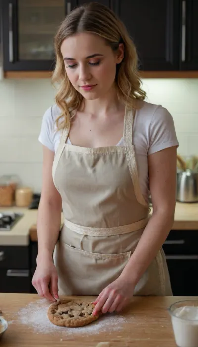 A young woman is baking cookies in the kitchen, wearing a small apron which allows her ample bosom with pert nipples to be exposed