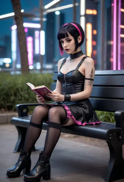 miniature goth girl reads a book while sitting on a high-tech bench in cyberpunk style futuristic park, black hair with pink streaks, pixie haircut, goth makeup, gothic_loli dress, black stockings, heavy black boots