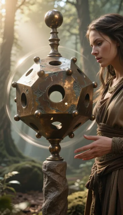 ((A hyper-realistic ancient Roman small regular dodecahedron made of aged bronze)), (((It features 12 perfect, congruent regular pentagonal faces of equal size))), each with a precise circular hole in the center. Each of the 20 vertices is capped with a small, protruding spherical knob of about 1 cm. The object is mounted vertically on the tip of a fixed, upright ceremonial stone scepter. The dodecahedron is spinning freely on its own central axis, captured with a subtle motion blur to emphasize rotation. A mysterious female druid with long hair and earth-toned robes stands close, her hand extended near the 8 cm object, gazing intently at the spinning artifact. Bright, warm sunlight strikes from the left, passing through the 2 cm central holes and casting sharp, geometric shadows and complex, shifting light patterns onto the opposite side of the bronze and the druid's face as it rotates. The scene is set in an ancient misty forest clearing. 8k resolution, macro photography, octane render, cinematic lighting, historical fantasy, photorealistic, intricate details of bronze texture, spherical knobs, dynamic light projection, and mathematically perfect regular geometry. Style, Authentic artifact inspired by the Norton Disney dodecahedron, dodecahedron spinning freely on a single knob, perfectly balanced and slow. Full body view.