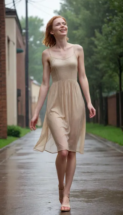 (empty suburbian park alley), tall and skinny young woman, angular face, dancing in the summer rain, all wet, ginger hair, short hair, soft happy smile, (hands aside), (soaking wet transparent beige long summer dress with wide straps:1.3), bare feet in brown high heels sandals, percky fitted tits, looking up long nipples, ((distanted view:1.3)), ((aside view:1.3)), daytime, (sun light ray put on her through the clouds:1.3), <lora:Detailed_female_hands-000001:.8>