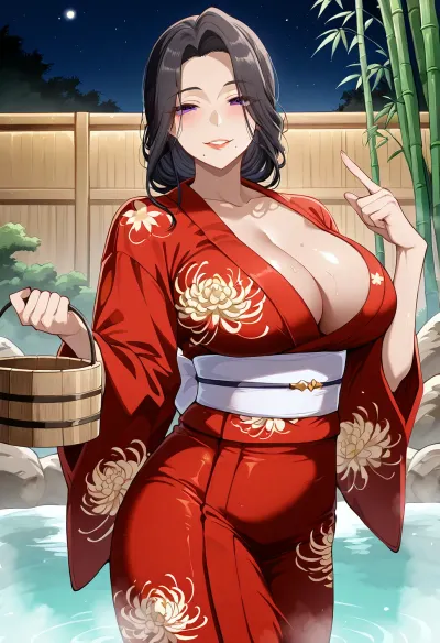 score_9, score_8_up, score_7_up, original, sayuri, highres, (Tsuma_no_Haha_Sayuri_art_style:1.5), 1girl, bamboo_fence, black_hair, breasts, bucket, chrysanthemum_print, cleavage, collarbone, curtained_hair, fence, floral_print, index_finger_raised, japanese_clothes, kimono, large_breasts, lips, long_sleeves, mature_female, (medium_hair), mole, mole_under_mouth, night, obi, obijime, onsen, print_kimono, purple_eyes, red_kimono, sash, seductive_smile, solo, smile, steam, straight_hair, teeth, white_sash, wide_sleeves, wooden_bucket, yukata