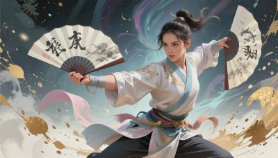 A digital painting depicting a beautiful martial arts master who skillfully wields a Taiji fan as a weapon. The young woman is practicing the art of Taijiquan with two fans. Elegant brushstrokes, a dynamic pose, pastel and gold splashes of ink, an otherworldly atmosphere, and mystical wuxia-style concept art—a true masterpiece. --v 6.0