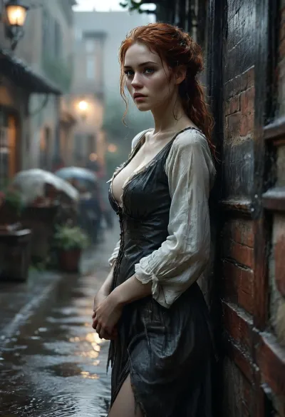 18th century, the young, penniless, drunk, dirty 25-year-old woman stands outdoor in the hard rain, leaning against the wall of the tavern and shamelessly, (offers her young and youthful slender body to passersby for paid sex:1.4), (exposes her firm tits:1.2), torn clothes, self-confident, sexy, redhead hair, unkempt, homeless, night, dynamic, FRESHIDEAS, Real, Photography, 2#, Black, and, white, art, black, shading, charcoal, toned, dark, b/w, color, scheme, longnips, <lora:FRESHIDEAS Real Photography 2#:.6>, <lora:Black and white art.V1:.1>, <lora:MJ52:.4>, <lora:detailed_notrigger:.8>, <lora:longnipsxl:.8>