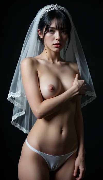 A highly detailed, photorealistic photograph of a stunning young East Asian woman in her early 20s in a dramatic "sexy bride" concept. She has dark hair with soft bangs, beautiful delicate facial features, and a mysterious seductive expression. Slim toned figure with smooth glowing skin and elegant curves.

Wearing only a sheer white bridal veil with a sparkling tiara, and minimal white panties. Her arms are crossed modestly covering her breasts. Artistic and provocative poses against a pure black background.

Dramatic studio lighting with strong contrast, highlights on her skin, and deep shadows. Cinematic composition, sharp focus on face and body, highly sensual and artistic nude bride atmosphere, 8K resolution, best quality.