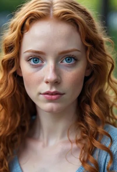 slightly ugly but cute flat-chested ginger with long curly hair and large blue eyes