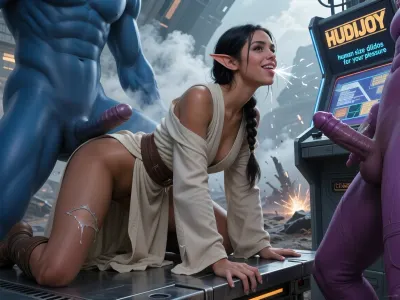Oil painting style, Greg Rutkowski inspired, ethereal, cinematic lighting, hyper-realistic, 8k resolution, intricate detail, high fantasy, "The Empire Strikes Back" aesthetic. A cinematic wide shot of a beautiful elvish jedi in very light robe, on all fours on a steel platform, getting fucked by giant blue human and a purple human, amid a battlefield with smoke and high tech sparks, epic scale.

a beautiful young jedi, SamDoesArt2, passionate, petite, (dark haired skinny female elf:1.3), very beautiful face, dark tan skin, french braid, very small breasts, stiff nipples, torn robes, elf ears, she gets spitroasted by a blue human and a purple human, gang bang, spitroast, focus on penis penetrating pussy and sucking cock, low POV looking up, she smiles and blushes as she has an orgasm in spite of the dire circumstances, focus on squirting pussy and beautiful pussy lips, kissing lips, she is really having a good time.


On the side is a futuristic slot machine that reads in angular print, "HUDIJOY, human size dildos for your pleasure"