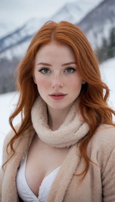 Masterpiece, perfect proportions, beautiful sexy 25 years redhead woman, pov, skinny, very long cascading redhead hair, large boobs, (perfect face), high detail, (boobs:1.1), (topless:1.1), nipples, pussy, shy smile, hd eyes, chapka, scarf, opens coat, heavy eyeliner makeup, snowy mountains, Russia, standing in the snow, white pale skin, skin texture, freckles, blush, perfect eyes, cold day, snowy hair, head, (nouveau:1.5), extremely detailed textures, golden shadow, orange shading, high contrast, strong front shadow, strong backlit