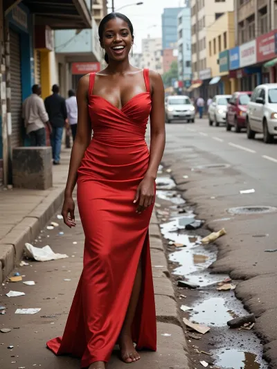 Scene is busy, dirty city street in Kenya. Subject is 30 year old Kenyan black african woman with very dark skin, medium tits, curvy body, hair pulled back. She is smiling. wearing long red elegant evening dress, vaginal sex, cowgirl, moaning