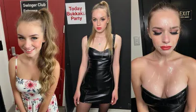 side-by-side three pictures of a cute swedish student girl, petite, woman, with long blond hair, high ponytail. perfect body, instagram makeup, dark eyes with fake lashes, very cute face. On the first picture on the left she wears a summer dress with floral print, open long curly blond hair, she looks happy and smiles, in the background is a red door with a sign "Swinger Club Entrance". On the second picture in the middle she puts on a black latex dress and black stockings, she looks critical, black mascara eyes and glossy red lipstock, fake lashes, blacl wall as background with sign "Today Bukkake Party". On the third picture on the right she is wearing the black latex dress with exposed tits, she is full of cum, her face is covered in cum, she looks exhausted, black mascara eyes, red glossy lipstock, crying, nude, wet hair, sweaty, background is a black Door with sign "EXIT".