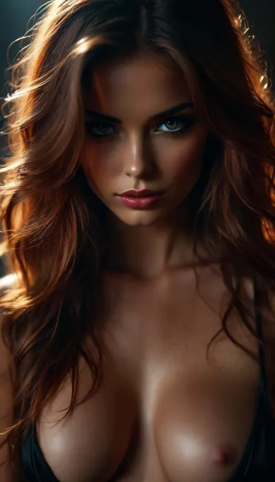 woman, extreme Close up, Portrait, beautiful french, instagram model, 25 years old, happy, perfect, slim e body. pulling down her black satin bra to reveal c cup breasts, long bright red tousled hair, hair half up half down, perfect face, eye contact, perfect eyes, gorgeous, sexy, sensual, seductive eyes and look, pulld, <lora:attractive_notrigger:1.7>, <lora:BUT_SDXL_SHS:2>, <lora:Vivid Midjourney mimic - XL SDXL v2.0:.5>, <lora:add-detail-xl:1.6>, <lora:dark:.1>