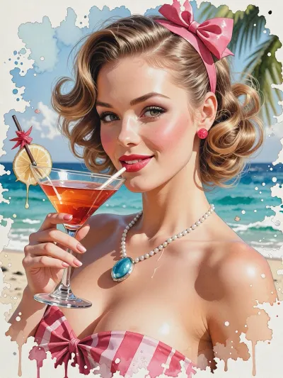 Creative watercolor painting of a beautiful pin-up girl, [деталь сюжета, например], winking and holding a giant cocktail on a tropical beach, vintage 1950s fashion, voluminous retro curls, expressive playful eyes, vibrant yet soft colors. Splashes of watercolor, dripping paint, delicate paper texture, masterpiece, highly detailed, (expressive brushstrokes. --ar 3:4)