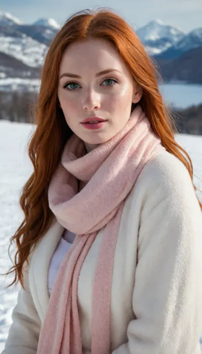 Masterpiece, perfect proportions, beautiful sexy 25 years redhead woman, pov, skinny, very long cascading redhead hair, large boobs, (perfect face), high detail, (boobs:1.1), (topless:1.1), nipples, pussy, shy smile, hd eyes, chapka, scarf, opens coat, heavy eyeliner makeup, snowy mountains, Russia, standing in the snow, white pale skin, skin texture, freckles, blush, perfect eyes, cold day, snowy hair, head, (nouveau:1.5), extremely detailed textures, golden shadow, orange shading, high contrast, strong front shadow, strong backlit