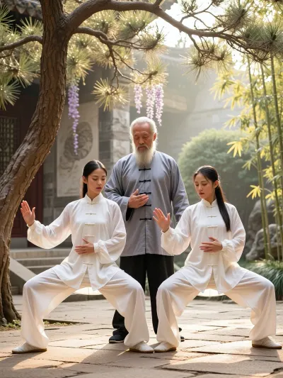 Cinematic shot of an elderly Chinese kung fu master, 70 years old, long white beard, wise serene expression, distinctly East Asian Chinese facial features, NOT caucasian, traditional grey silk tangzhuang tunic with black frog buttons, standing and observing attentively behind two young Chinese women students, both women 22-25 years old, beautiful faces, no makeup, elegant refined East Asian features, both wearing flowing white silk tai chi uniforms, ((two students performing tai chi chuan postures side by side, similar but slightly different arm positions, master stands behind them observing and correcting, NO physical contact, gesturing instructively)), students fully focused, eyes closed or cast downward, serene concentrated expressions, slight natural variation between the two postures, traditional Chinese temple garden setting, ancient stone courtyard, ancient gnarled pine trees in foreground, bamboo grove softly swaying in morning breeze, wisteria draping over stone temple walls, morning mist at ground level, warm golden sunrise light filtering through leaves and wisteria, fully clothed, traditional and respectful atmosphere, purely pedagogical scene, master and students relationship, rich textures on silk garments, fabric catching morning light, wide enough shot to show all three figures fully, (3:4), (portrait format or 4:3), landscape, shallow depth of field, background softly blurred, warm golden and white tones, cinematic composition, National Geographic editorial photography aesthetic, shot on Sony A7R V, 35mm f/1.8, hyper realistic, ultra detailed, 8k