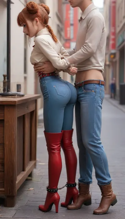 (3/4 rear view:1.8), (full body view:1.5), girl, european girl, flat, chested, ginger, two buns with straight bangs, (looks young:1.8), skinny, glossy red lipstick, (tied:1.6), (thigh high boots:1.5), bimbo makeup, studded belt, boots, on a street, close up, huge, ass, breasts, hips, narrow, waist, supermodel, big, lips, 4ng3l, face, 4ss_p4nts, shiny, pants, (bent over a table:1.2), and she have her, (hands tied in her back:1.7), she get her, (ass groped by a man:1.8), (high waist tight jeans miniskirt:1.6), (slim waist), beautiful face, tan skin, tan long sleeve shirt, clothes, (full body:1.8), (side view:1.67), chains, (narrow waist:1.6), fear, fearful, anxious, transport, belt, handcuffs, connector, chain, leg, shackles, <lora:Ass_Pants_XL:1.2>, <lora:BodyLicious:1.5>, <lora:flat_chested_v3.5:.5>, <lora:polyhedron_fear-000005:2>, <lora:Transport_Belt_SDXL:2>