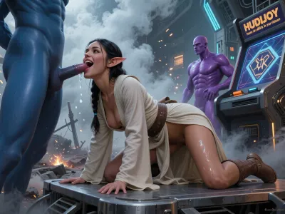 Oil painting style, Greg Rutkowski inspired, ethereal, cinematic lighting, hyper-realistic, 8k resolution, intricate detail, high fantasy, "The Empire Strikes Back" aesthetic. A cinematic wide shot of a beautiful elvish jedi in very light robe, on all fours on a steel platform, getting fucked by giant blue human and a purple human, amid a battlefield with smoke and high tech sparks, epic scale.

a beautiful young jedi, SamDoesArt2, passionate, petite, (dark haired skinny female elf:1.3), very beautiful face, dark tan skin, french braid, very small breasts, stiff nipples, robes, elf ears, she gets spitroasted by a blue human and a purple human, gang bang, spitroast, focus on penis penetrating pussy and sucking cock, low POV looking up, she smiles and blushes as she has an orgasm in spite of the dire circumstances, focus on squirting pussy and beautiful pussy lips, kissing lips, she is really having a good time.


On the side is a futuristic slot machine that reads in angular print, "HUDIJOY, human size dildos for your pleasure"