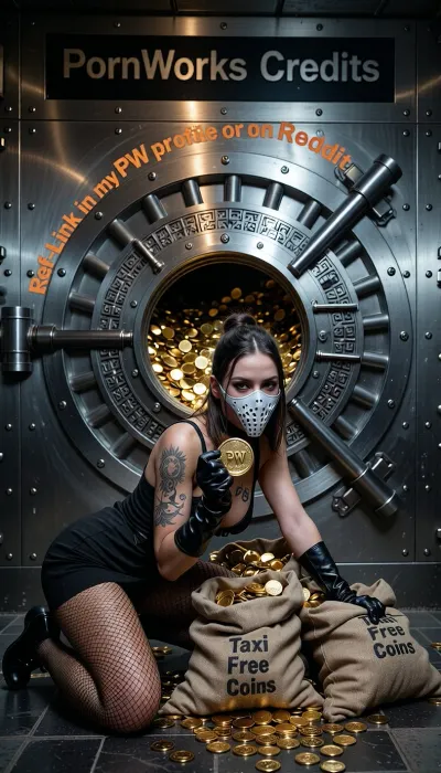 A hyper-detailed film noir scene inside a dimly lit bank vault, dominated by a massive round steel security door three meters in diameter, the door partially open as shimmering gold coins pour out in a flood, the gold coins glowing vibrantly against the desaturated moody atmosphere, riveted steel walls surround the scene, above the vault door the text "PornWorks Credits" is prominently displayed, a mysterious female bank robber kneels in the foreground filling sacks with coins, she wears a short black dress, black fishnet stockings, leather gloves, a tattooed arm, and an ice hockey mask, her posture focused, she holds one gold coin toward the viewer, the coin engraved with the letters "PW", the sacks she fills are brown linen, labeled "Taxi Free Coins, " every detail hyper-realistic, from the texture of the steel to the gleam of the coins, the atmosphere filled with suspense and opulence, cinematic lighting emphasizing texture and mood, a masterpiece of detail and contrast, a cinematic masterpiece across the entire image diagonally printed text in frame in orange letters reads "Ref-Link in my PW profile or on Reddit"
