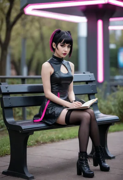 miniature goth girl reads a book while sitting on a high-tech bench in cyberpunk style futuristic park, black hair with pink streaks, pixie haircut, goth makeup, gothic_loli dress, black stockings, heavy black boots