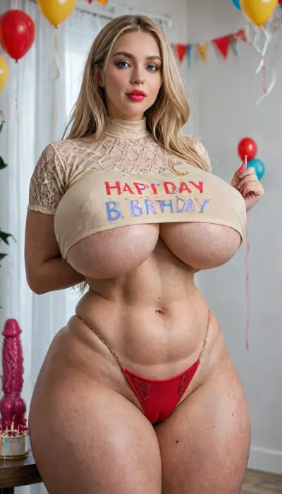 (Nordic Blonde model in underboob Birthday crop top:1.5), (voluptuous thicc huge curvaceous body:1.3), ((massive huge mommy tits, long straight silky hair, massive mommy saggy out naturals, dildos n gifts)), (burgundy sheer lace string blue thongs cameltoe:1), (((wide thicc thighs, petite waist))), cake and dildo, massive thighs, (((dildos n cakes, thicc belly chain waist, curvaceous thighs:1.3))), <lora:add-detail-xl:1.1>, <lora:LCMTurboMix_Euler_A_fix:.8>, <lora:SDXLHighDetail_v6-000005:.8>