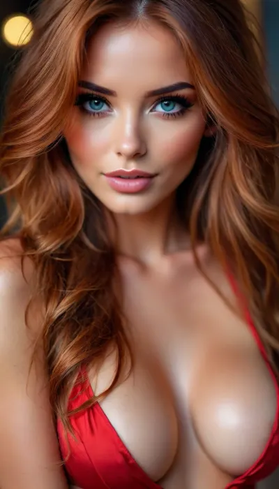 woman, extreme Close up, Portrait, beautiful french, instagram model, 25 years old, happy, perfect, slim e body. pulling down her black satin bra to reveal c cup breasts, long bright red tousled hair, hair half up half down, perfect face, eye contact, perfect eyes, gorgeous, sexy, sensual, seductive eyes and look, pulld, <lora:attractive_notrigger:1.7>, <lora:BUT_SDXL_SHS:2>, <lora:Vivid Midjourney mimic - XL SDXL v2.0:1.7>, <lora:add-detail-xl:1.6>