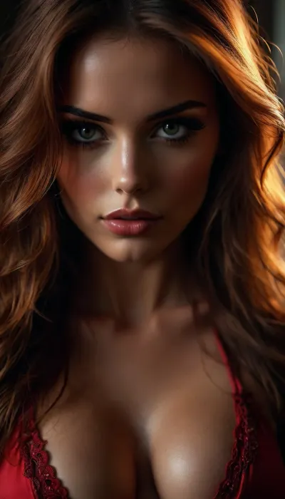 woman, extreme Close up, Portrait, beautiful french, instagram model, 25 years old, happy, perfect, slim e body. pulling down her black satin bra to reveal c cup breasts, long bright red tousled hair, hair half up half down, perfect face, eye contact, perfect eyes, gorgeous, sexy, sensual, seductive eyes and look, pulld, <lora:attractive_notrigger:1.7>, <lora:BUT_SDXL_SHS:2>, <lora:Vivid Midjourney mimic - XL SDXL v2.0:1.7>, <lora:add-detail-xl:1.6>, <lora:dark:.1>