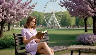 (1970s in the USSR), beautiful soviet student reads a book while sitting on vintage park bench in old soviet style under a blooming lilac bush in an ancient park, ferris wheel on the horizon, amusement park setting and entourage as background., (USSR epoch, soviet poster art style, Soviet advertising art style, 1970s analog photo for soviet magazine, 1970s atmosphere)