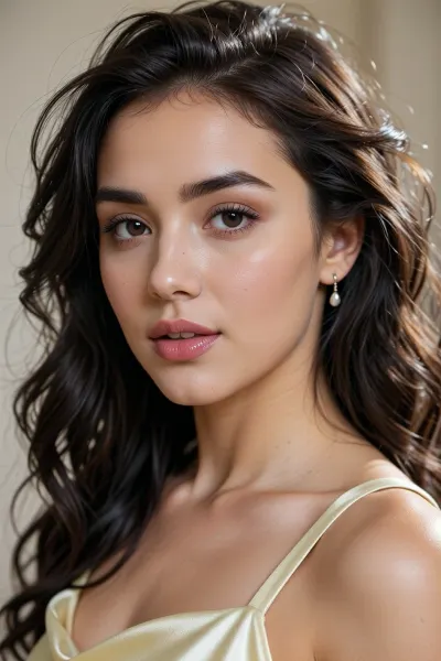 (radiant young woman in her mid-20s:1.4), (fresh-faced elegance:1.3), (youthful vitality:1.2), (smoothly contoured jawline:1.2), (natural jawline structure:1.3), (almond-shaped dark hazel eyes:1.7), (intricate iris detail:1.6), (well-defined dark eyebrows:1.5), (natural arched brows:1.3), (full soft lips:1.5), (defined cupid's bow:1.4), (nude pink lip tint:1.3), (hyper-realistic skin texture:1.6), (highly detailed fine pores:1.4), (clean yet textured complexion:1.3), (natural skin sheen:1.3), (long wavy dark brown hair:1.5), (chaotic flyaway strands:1.6), (unruly organic hair clumps:1.4), (backlit tangled hair strands:1.4), (small silver drop earring:1.4), (pale yellow silk strap:1.6), (lustrous satin fabric sheen:1.5), (natural fabric creases:1.3), (85mm lens:1.4), (f/1.8 aperture:1.4), (soft focus effect:1.3)
