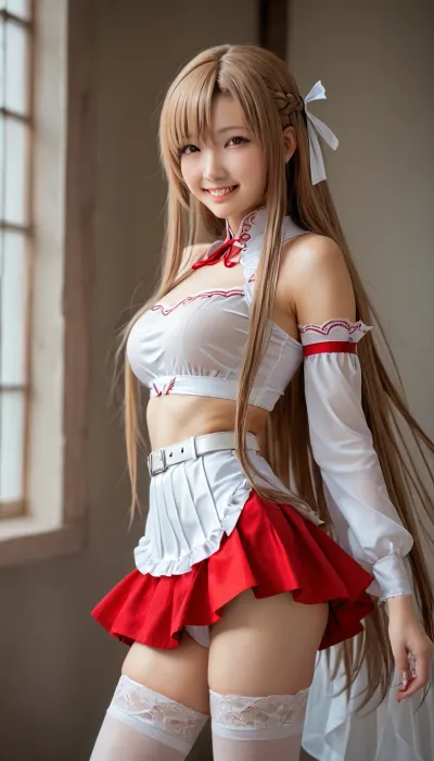 cute asian of 22 years old, little smile, staring at me, (slim legs, slim thigh:1.08), volumy hair, (very long straight brown hair that reached her thigh:1.04), see-through her boobs of E-cups, bouncing breasts, (asuna cosplay of sao anime, lift up red_skirt with white line, detached_sleeves, white_thighhighs, brown_eyes, transparent breastplate, red pleated_skirt, miniskirt, white_belt:1.15), white and red costume with line, red skirt, white blouse, (white panty, detailed panty, sexy panty, visible panty, looking panty:1.14), direct front of her slim legs, (realistic, detailed quality:1.04), <lora:asuna:1.8>