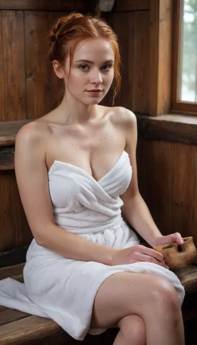 Professional photography, striking photorealism, ultra-detailed, a cinematic aesthetic with rich textures. Medium shot of a beautiful young Russian woman with high pommettes and redhead hair tied in a loose, damp braid. She is relaxing inside a traditional rustic Russian banya, (wooden bathhouse), . She is wrapped in a simple, thick white spa towel baseline around her body, her shoulders and collarbones bare. Her skin is glistening with visible condensation, sweat beads, and fine droplets of water from the steam. She is sitting on a smooth wooden bench made of aged birch logs. The background is filled with thick, soft steam and atmospheric fog, partially veiling a traditional wooden bucket, a copper ladle, and a birch leaf broom, (venik), . Warm, ambient golden light filters through the mist, coming from a low-angle source, highlighting the moisture on her skin and the grain of the wet wood. Shot on 35mm lens, realistic skin texture with visible pores, film grain, depth of field, optimal quality.