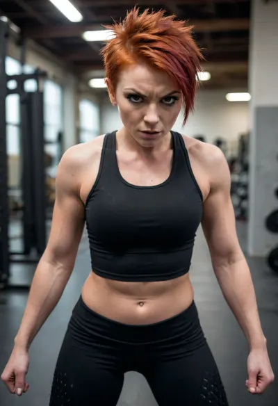 Aggressive woman, short and spiky red hair, aggressive expression, super muscular, tall, tomboy, black leggings, black sports bra, massive muscles, toned, fit