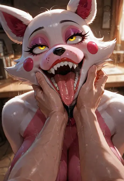 Simple background, masterpiece, best quality, amazing quality, 1girl, anthro female, fox, (Funtime Foxy from five Nights at Freddy's, two tone body, two tone fur:1.2), Beautiful face, yellow eyes, big red lips, big breasts, long snout, heavy breathing, open mouth, drooling, rolling eyes, saliva, barbed tongue, evil smile, sharp teeth, fangs, toned, nude, Big breasts, dynamic angle, close-up, mouth focus, pov hands, head resting on hand, head tilt, hand touching cheek, fingers on mouth, licking finger, licking hand, interspecies, motion lines, BREAK
1boy, human, light skin, faceless male, outdoors, dappled sunlight, flat lighting, simple lighting, high contrast, amazing composition, detailed face, intricate details, hyperdetailed, ultra-HD, cinematic lighting, photorealistic, high detail, depth of field, (blurred background), very awa, office room, <lora:add-detail-xl:1.2>, <lora:LCMTurboMix_Euler_A_fix:.8>