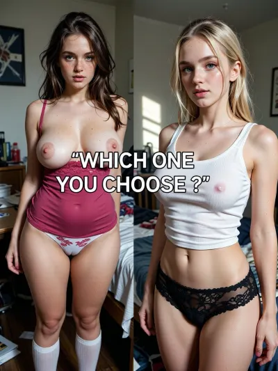 Ultra realism, 8k UHD, ultra detailed, cold natural lighting, sunlight illuminating a messy university student bedroom, perfect shadows. Picture divided in two parts. On the left side of the picture, Cute, shy, timid, goofy, wife, standing up, (French, very pale skin, 18yo, makeup, freckles on her face, spots, skin imperfections, messy clear brunette hair, long fluffy hair, square jaw, very clear blue eyes, pointed nose, natural sagging big breast, average waist, very wide hips, chubby thighs, chubby belly), she's wearing dark pink lace nightie and a white printed panties, white textured high socks, full body shot. On the right side of the picture, (german, pale skin, 18yo, no makeup, freckles on her face, subtile skin imperfections, messy clear blonde hair, mid long hair in a ponytail, high cheekbones, big clear brown eyes, long nose, natural small breast, slim waist, slim hips, slim thighs, flat belly), she's wearing white coton slim sized nightie and a black lace panties, full body shot. "WHICH ONE YOU CHOOSE ?" Medium text on the center of the picture.