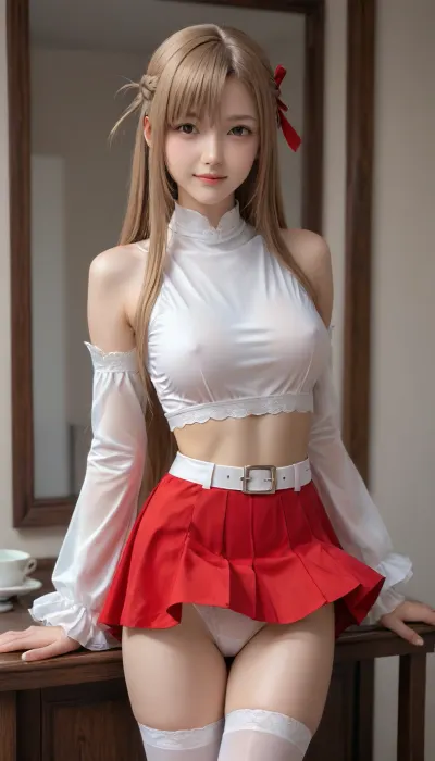 cute asian of 22 years old, little smile, staring at me, (slim legs, slim thigh:1.08), volumy hair, (very long straight brown hair that reached her thigh:1.04), see-through her boobs of E-cups, bouncing breasts, (asuna cosplay of sao anime, lift up red_skirt with white line, detached_sleeves, white_thighhighs, brown_eyes, transparent breastplate, red pleated_skirt, miniskirt, white_belt:1.15), white and red costume with line, red skirt, white blouse, (white panty, detailed panty, sexy panty, visible panty, looking panty:1.14), direct front of her slim legs, (realistic, detailed quality:1.04)