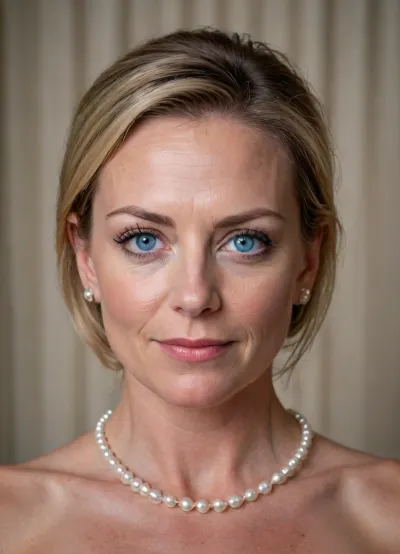 portrait, passport photograph, blue eyes, head shot, naked, 40yo MILF, shy smirk, frontal POV, wearing pearl necklace, 27 May 2026