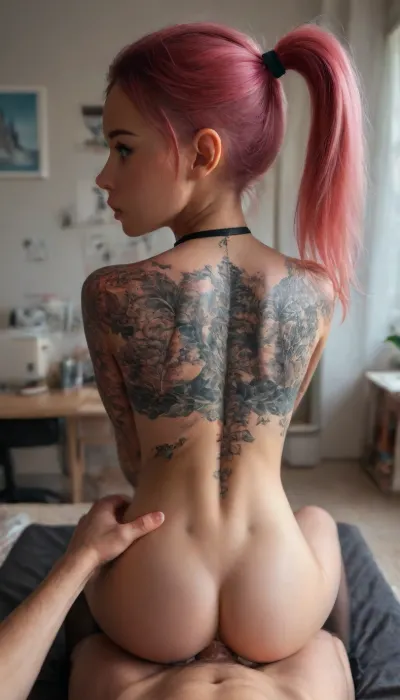 19 years old, ((pov:2)), (slim skin:1.3), (skinny:1.4), pink hair, high ponytail, long ponytail, (natural blue eyes), nude, eyelashes, natural round breasts, pink make-up, erotic pose, choker, view from behind, light blue eyes, hinata waist, supermodel figure, (whole body tattooed:2), office, shiny skin, (doggystyle sex:2), doggy sex, skirt pulled up, thigh high stockings, award winning photo, photorealistic, photographic, NEGATIVE_HANDS, <lora:BUT_SDXL_SHS:2>, <lora:PerfectEyesXL:2>, <lora:Madison_Beer_2024_SDXL_JugX_trigger_m4d1s0n-000066:2>, <lora:adlima_xl_1_standard_merge_62_88_05_05:2>, <lora:b43c577fab683f20a21ff456e903b9ba:2>