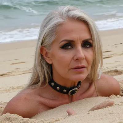 bdsm-scene, an old woman with old skin, leather collar and dark make-up is buried on a tahiland beach, (stuck in the sand:1.2), so that only her head looks out of the sand, blonde hair, long hair