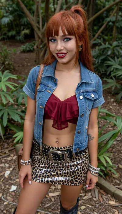 european asian girl, 18 years, anorexic, petite, extreme skinny, red hair, redhead, high ponytail, tanned skin, blue eyes, ((freckles, rouged cheeks, blue eyeshadow, intense saturated maroon lipstick, black mascara, long strong eyelashes)), tattoos, nose piercing, belly piercing, earrings, bracelets, shiny leopard printed latex miniskirt, maroon chifon croptop, cowboy boots, shoulder bag, denim jacket, studded belt, in a zoological garden, smiling
