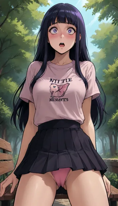 (Melkor mancin meets markgavatino style), reiq style, Cel-shaded, inked lineart, limited color palette, masterpiece, low angle view, hinata, (long hair:1.2), white sport tee-shirt black pleated miniskirt, (showing her pink panties), sit on bench in park, emotion signs shocked, (big round natural saggy boobs:1.4), open legs, (shocked, surprised, embarrassed, blushing:1.3), (unusual, pupils), perfect anatomy, big hips, thin waist, (hinata, 1girl, hyuuga, purple, eyes, white, bangs), adult-hinata, fishnet, high contrast, perfect lighting, <lora:mk_Bp Anime_xl:1.2>, <lora:lineartSDXL:2>, <lora:EnvyBeautyXL01:2>, <lora:SDXL - Char - Hinata-01-01:1>, <lora:intenseMODE_md:1.5>