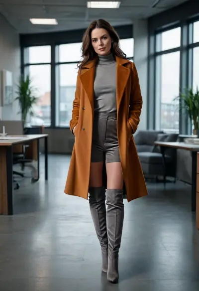 (masterpiece, best quality:1.2), 1 german 40yo woman, (she wears a caramel coat and grey overknee boots, no bra, grey velvet bodice:1.4), longest dark brunette hair, all hair tied tightly into a high bun, green eyes, indoors in a office, she opens a seductive view of her body, photorealism, clothes, <lora:style_lora_realis:.5>, <lora:Detailed_female_hands-000001:.5>