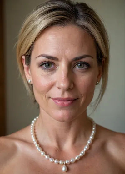 portrait, passport photograph, head shot, naked, 40yo MILF, shy smirk, frontal POV, wearing pearl necklace, 27 May 2026