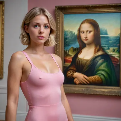 ultra realistic, epic 4k details, (young), medium tits, short blond hairs, green eyes, tanned skin, small, pink overall, (puffy pussy), posing in museum, in front of joconde painting