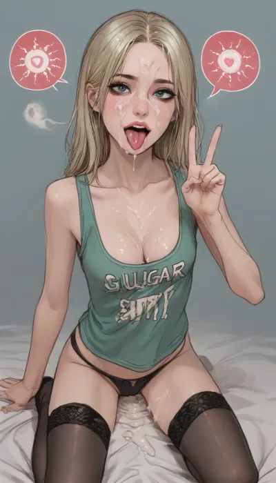 (1 slut girl kneeling, making a peace gesture, tongue out, excessive sperm on face, excessive sperm on lips, excessive sperm on breast, excessive sperm on body, skinny thin legs, vulgar slutty face, makeup, darkroom, nylon tank-top, cleavage, hot breathing, panties, camel toe, stockings, <lora:ratatatat74-000050:1.3>, <lora:outline_xl_kohaku_delta_spv5x:1.8>, <lora:cartoon_stickers_xl_v1:.6>, <lora:NEOTOKIOXL_0.2_RC:.4>)