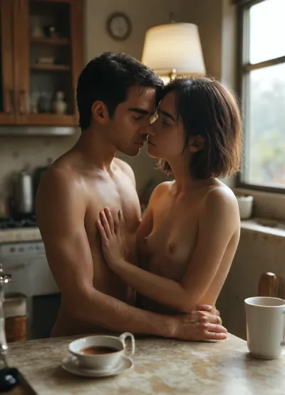 cinematic shot, romantic nude couple sitting together in a sleek modern kitchen, man 35yo, girl 19yo, short Bob-Cut Hair, (small breast:1.5), (differed size:1.5), early morning light streaming through a window, soft dawn atmosphere, drinking coffee from ceramic mugs, sharing a quiet intimate moment, cozy morning mood, minimalist kitchen interior, highly detailed, photorealistic, 8k resolution, embracing each other, warm dim lighting from table lamps, soft shadows, intimate atmosphere, moody living room interior, nude, NEGATIVE_HANDS, <lora:detailed_notrigger:.6>, <lora:Midjourney Image Enhancer XL v1:.5>, <lora:MJ52:.5>