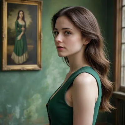 painting, side view, remake of joconde painting, medium tits, long darks hairs, brown eyes, brown dress, green gilet, pale skin, art, portait, artist