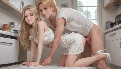 1girl, full-body, look down, (smile:2), in kitchen, blonde hair, long hair, blue eyes, eyeliner, mascara, white dress, white open jacket, off shoulder, sleeveless, white high heel, fucked doggystyle, anal, anal penetration, <lora:outline_xl_kohaku_delta_spv5x:1.3>, <lora:NEOTOKIOXL_0.2_RC:.7>, <lora:Ppolar-P3v1-NbVp10:.7>, <lora:cartoon_stickers_xl_v1:.5>